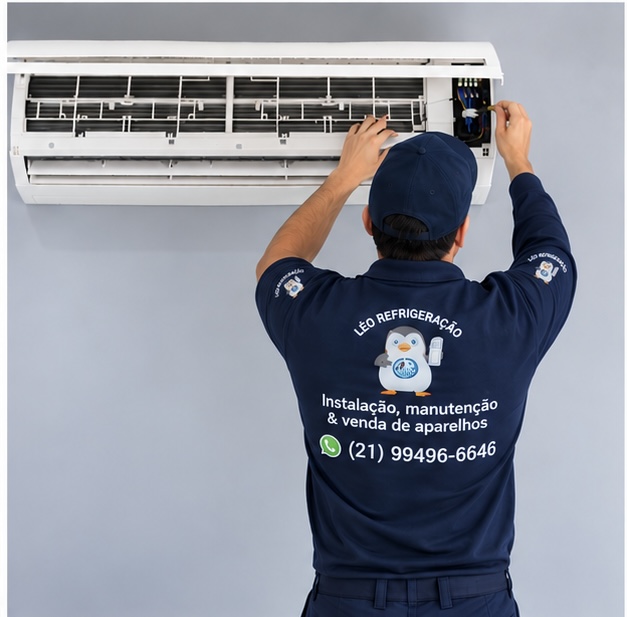 Técnico da Léo Refrigeração fazendo manutenção em ar-condicionado split