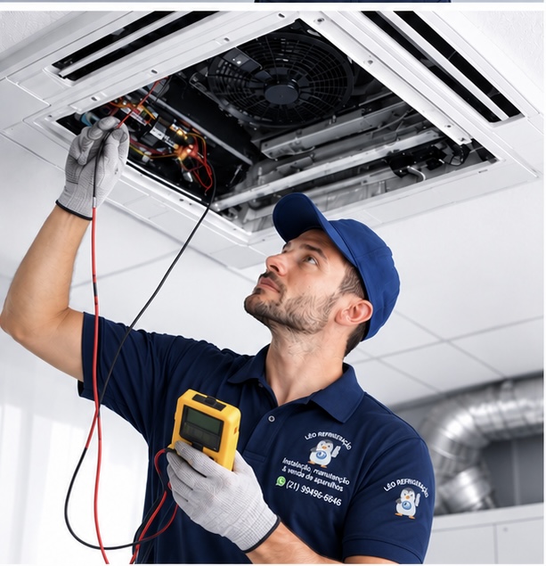 Técnico da Léo Refrigeração medindo sistema cassete para PMOC